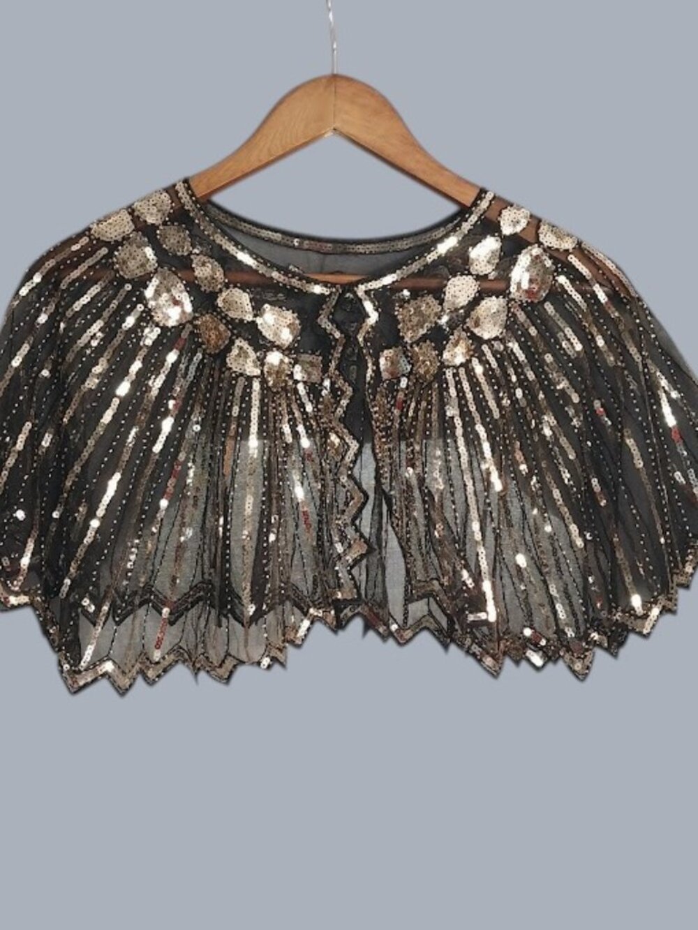Women’s Black Gold Sequin Mesh Capelet Scarf, Geometric Pattern One Size